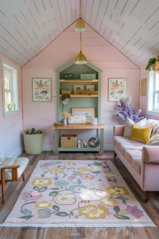 She shed interior painted pastel pink with floral area rug, green built-in shelving, and cozy blush furniture.