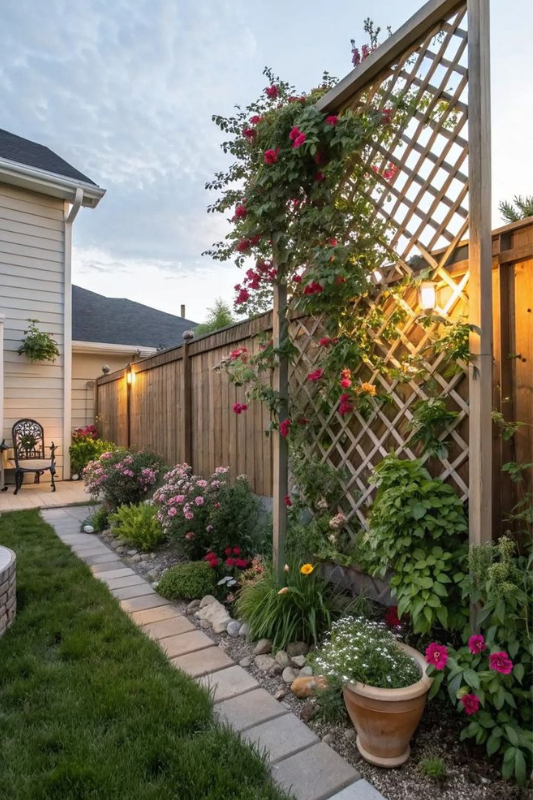 Side yard privacy garden featuring a wooden trellis adorned with vibrant red climbing roses, lush flower beds, pathway pavers, and ambient fence lighting.