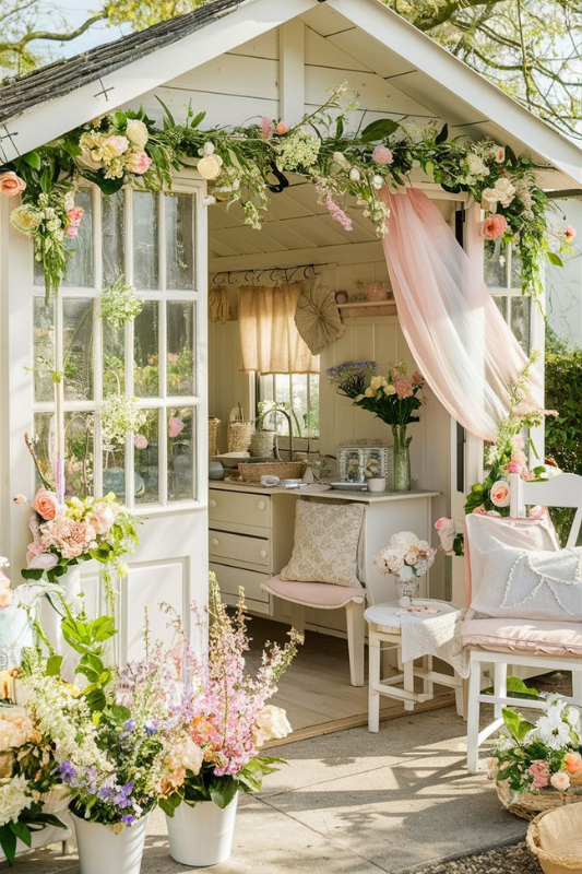 Romantic white she shed decorated with fresh flowers, blush drapes, and cozy garden-style interior.