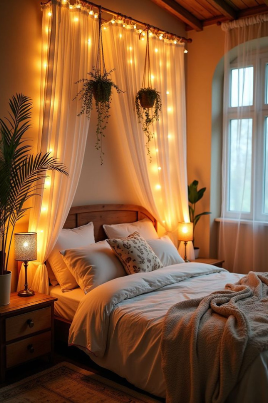 Romantic modern bedroom featuring soft white bedding, hanging plants, curtain string lights, warm bedside lamps, and natural wood furniture, creating a cozy and inviting nighttime retreat perfect for master bedroom decor on a budget. 