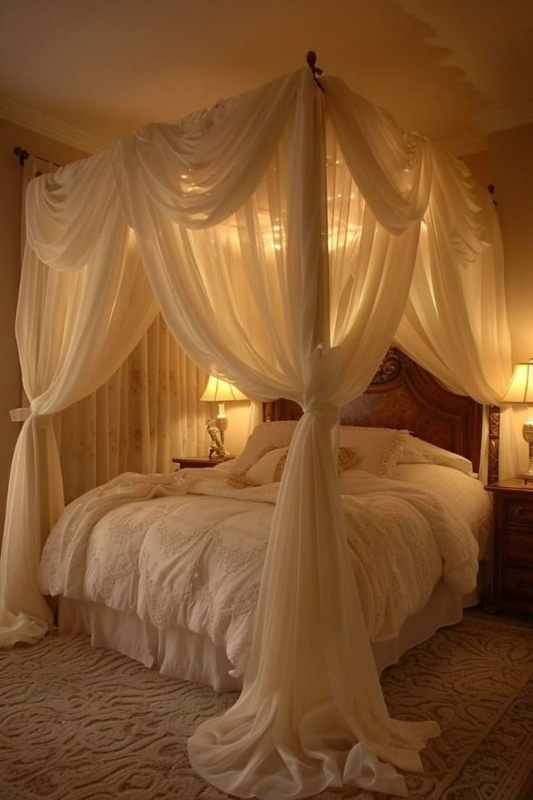 Romantic shabby chic bedroom featuring a luxurious canopy bed with flowing sheer curtains, ornate carved wood headboard, soft ambient lighting from vintage bedside lamps, and layered cream bedding for a dreamy, elegant retreat. 