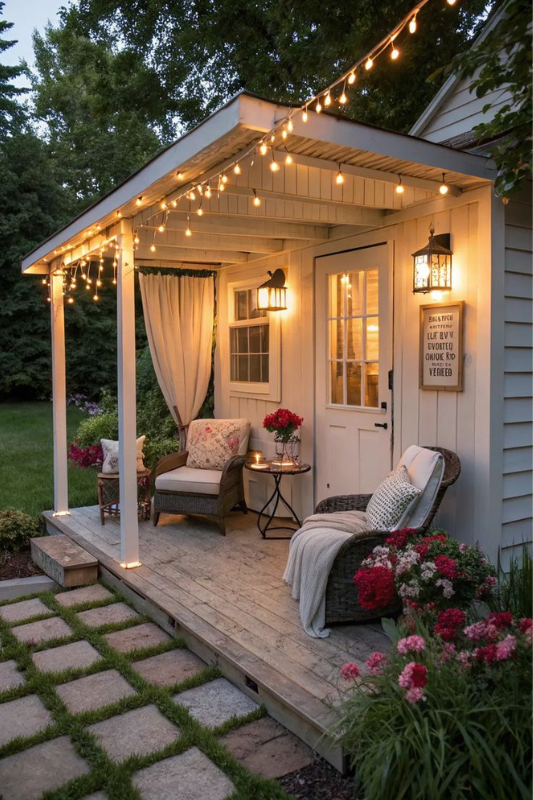 Rustic she shed made with reclaimed wood, featuring cozy indoor seating and potted plants on the deck.