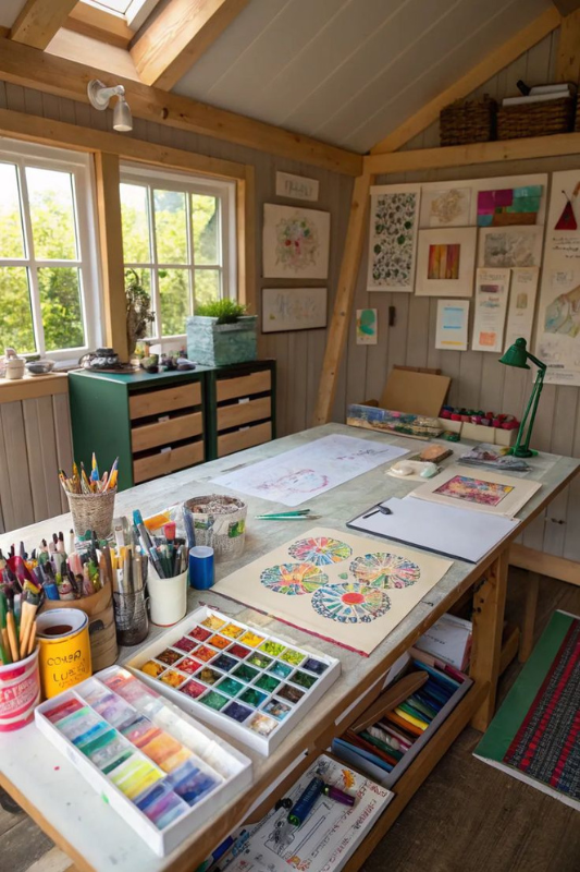 Rustic she shed art studio with exposed wooden beams, natural light from skylight and windows, and a large central craft table covered in paints, brushes, and colorful artwork.