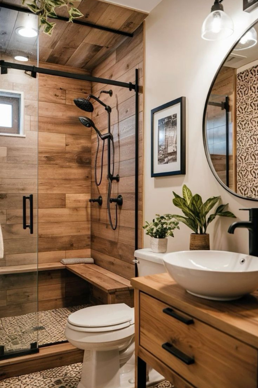 Cozy bathroom with wood-plank walls, black matte shower fixtures, indoor plants, and a patterned tile floor.