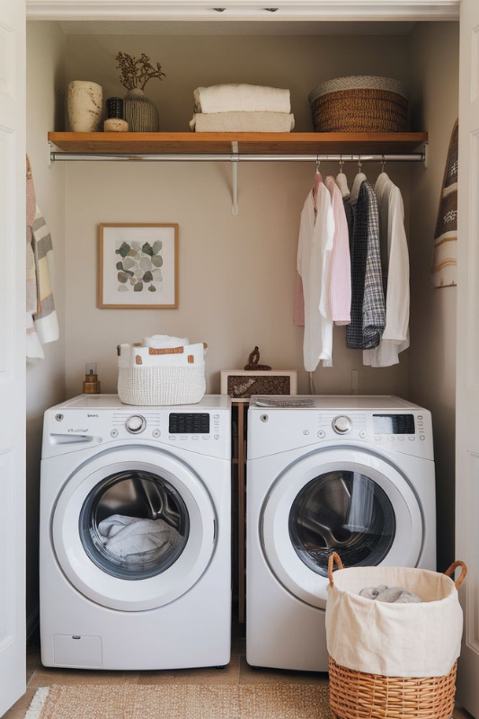 Compact Scandinavian-style laundry nook featuring vertical washer and dryer, foldable wall-mounted drying rack, and woven laundry baskets for a clean, minimalist look. 