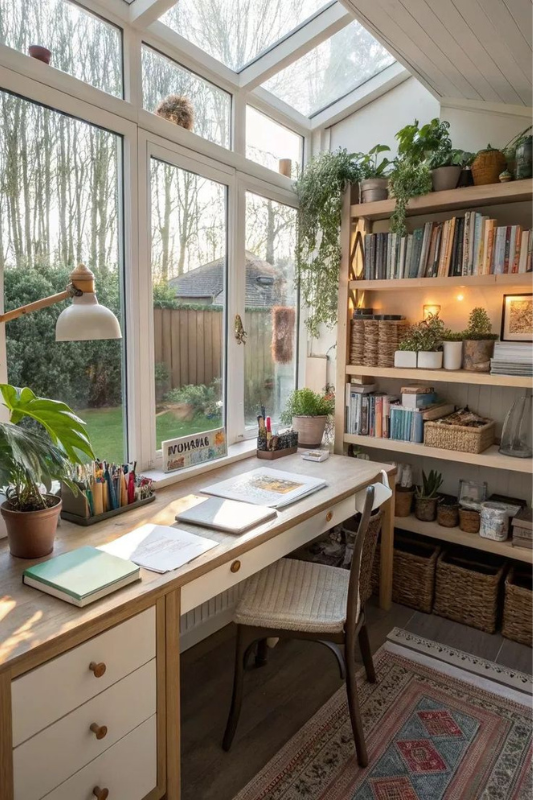 Bright she shed office with a glass roof, natural wood desk, bookshelf filled with books and plants, and large garden-facing windows.