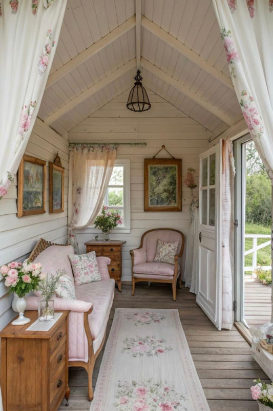 Elegant she shed interior with white plank walls, pink floral accents, wooden furniture, and vintage charm.