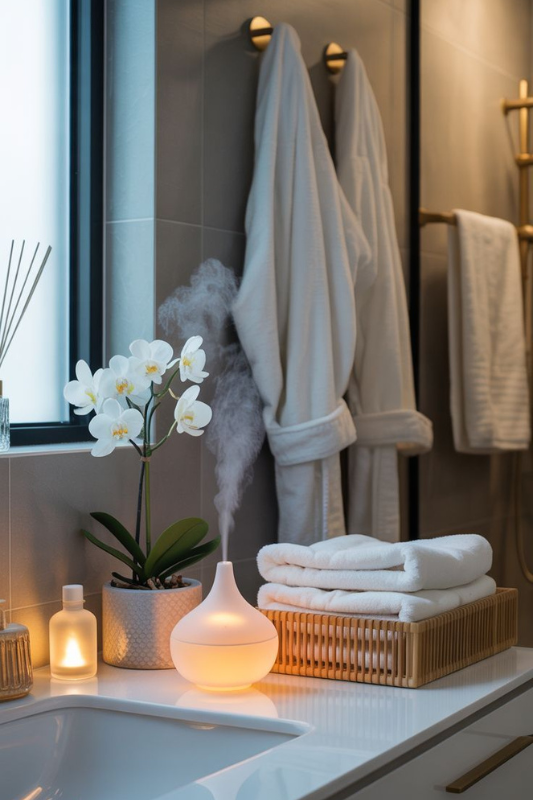 Spa-inspired bathroom countertop decorated with stacked white towels in a bamboo tray, a glowing essential oil diffuser emitting mist, a potted white orchid, and soft ambient lighting from candles. The backdrop includes plush white robes and gold-accented towel bars for a serene, luxurious atmosphere. 