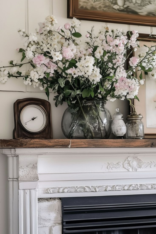 Charming spring cottage fireplace mantel styled with a rustic wood beam, a large glass vase overflowing with pink and white blossoms, and vintage accents like a wooden clock and antique jars. The soft floral arrangement and cozy textures create a romantic, lived-in feel—perfect for vintage cottagecore interiors, spring decor inspiration, and cozy farmhouse styling.