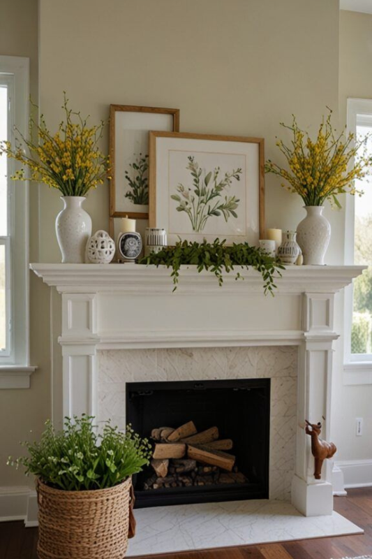 Bright and cheerful spring fireplace featuring a classic white mantel adorned with tall white vases of yellow blossoms, layered botanical art prints, and greenery garland. Neutral candles and decorative objects add subtle charm, while a woven basket filled with spring greenery completes the look—perfect for seasonal home updates, fresh spring living room ideas, and nature-inspired mantel styling.