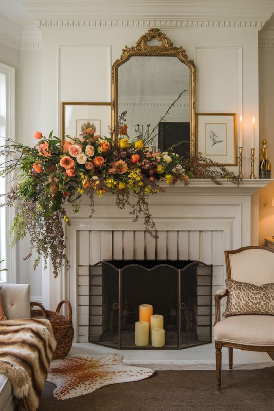 Charming spring fireplace mantle decor featuring a vibrant, oversized floral arrangement in sunset hues of coral, peach, yellow, and burgundy. Accented with a vintage gold mirror, brass candlesticks, and cozy neutral furnishings, this living room blends classic elegance with seasonal warmth—ideal for spring home styling, luxury interior design, and floral centerpiece inspiration.