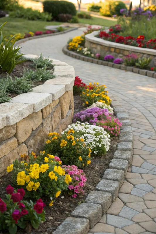 Multi-level spiral herb garden made from stacked natural stone, filled with basil, rosemary, and mint