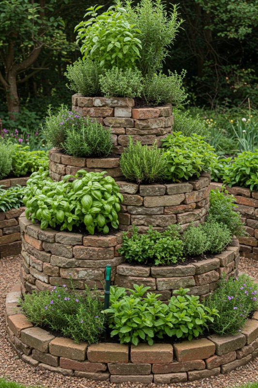Multi-level spiral herb garden made from stacked natural stone, filled with basil, rosemary, and mint