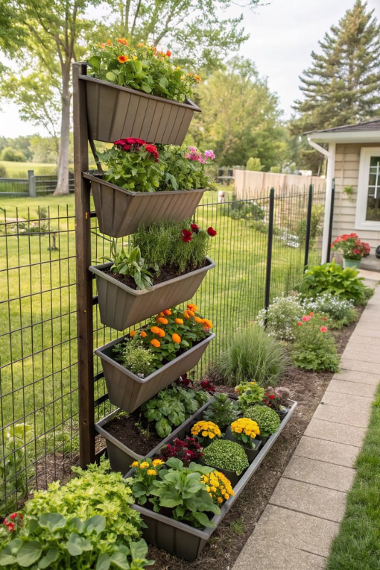 Tiered vertical garden planters attached to a fence in a small backyard, filled with vibrant marigolds, petunias, herbs, and leafy greens, ideal for compact landscaping.