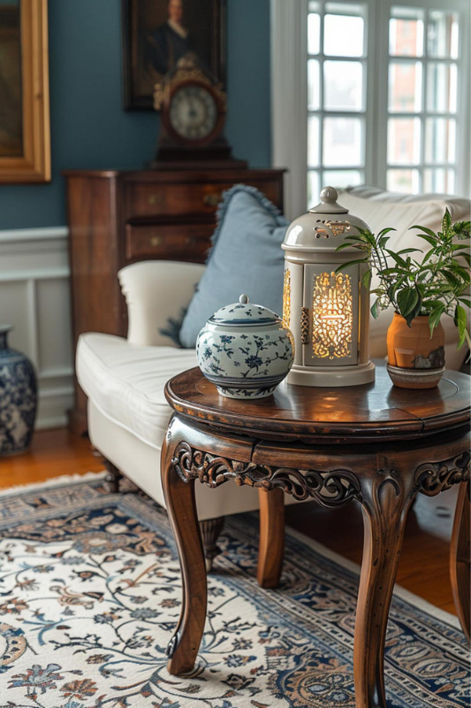 Traditional living room end table decor featuring a carved wooden table styled with a blue and white ceramic ginger jar, vintage white lantern with glowing candlelight, and a small indoor potted plant. Perfect inspiration for elegant living room styling ideas, cozy vintage home decor, and classic end table decoration for timeless interior design. 