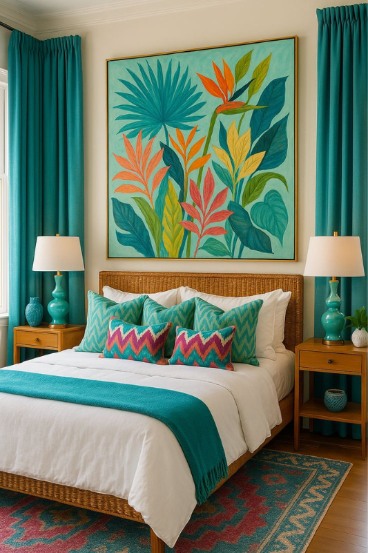 Colorful tropical bedroom with teal curtains, woven bed frame, vibrant botanical wall art, patterned pillows, and coordinated bedside lamps styled in bold Palm Beach-inspired decor 