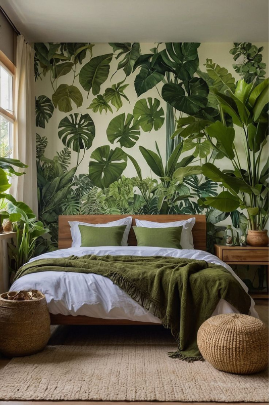 Nature-inspired bedroom with tropical leaf wallpaper, green throw blanket and pillows, light wood furniture, and layered textures for a serene botanical retreat 