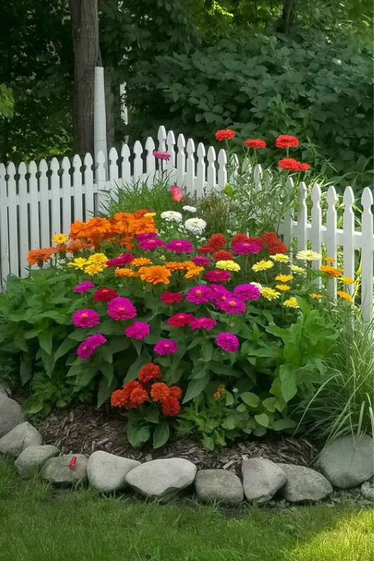 Brightly colored zinnias blooming in a corner flower bed framed by a white picket fence and natural stone border.