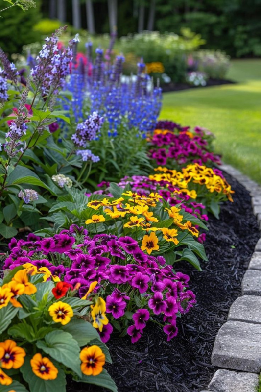 Color-packed garden border showcasing purple petunias, yellow pansies, and blue salvia surrounded by fresh mulch and stone edging.