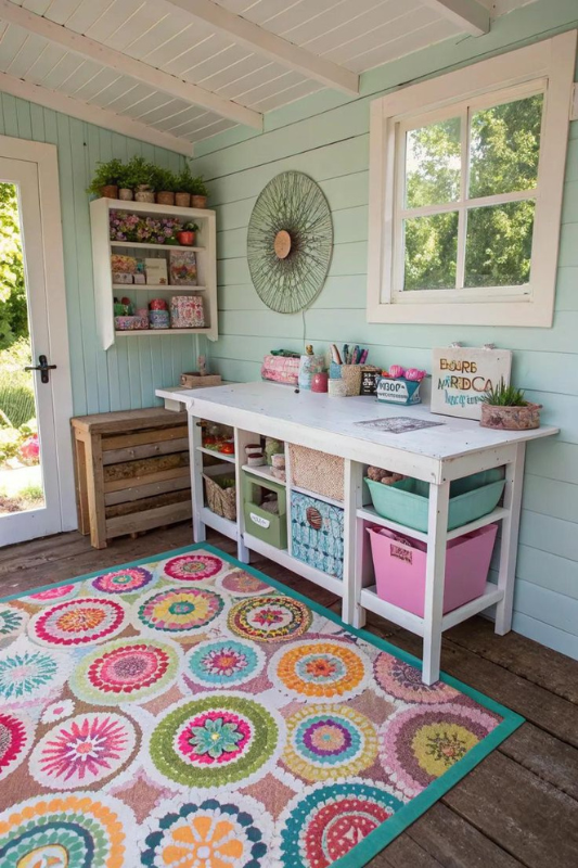 Colorful and organized she shed craft room with mint green walls, white workbench, labeled storage bins, wall art, and a multicolored medallion rug on wooden floors.