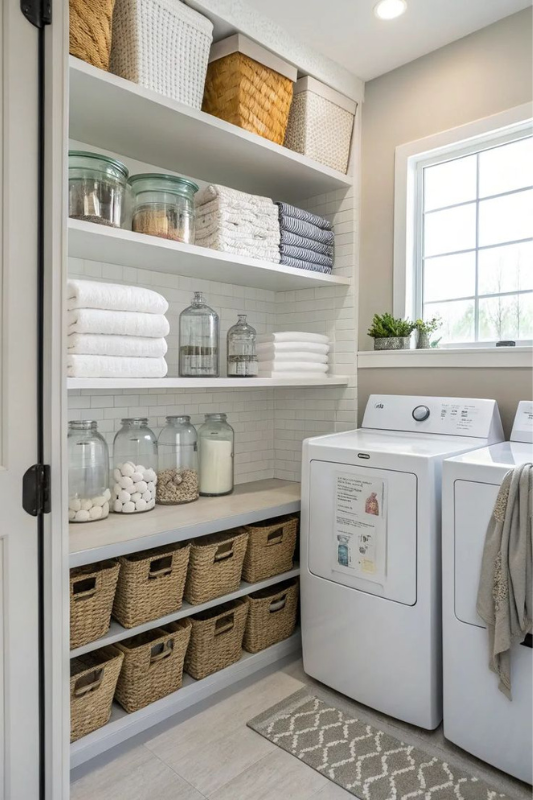 Charming farmhouse laundry room with white cabinetry, wood countertop, vintage-style wallpaper, and indoor plants creating a cozy and organized ambiance. 