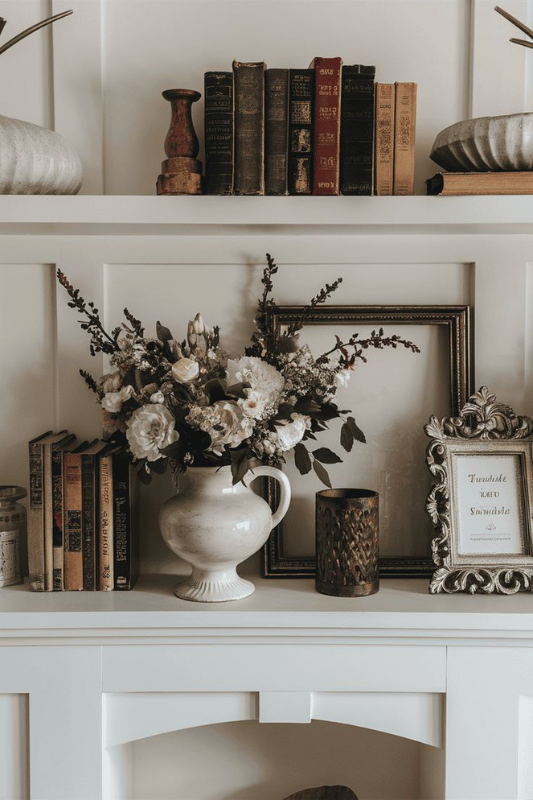 Elegant and moody shelf styling above a white fireplace featuring a creamy ceramic pitcher filled with rustic white florals, surrounded by antique books, ornate gold picture frames, and vintage-inspired accessories. This timeless setup evokes cozy sophistication, ideal for traditional interiors, romantic fall decorating ideas, and vintage home decor inspiration.