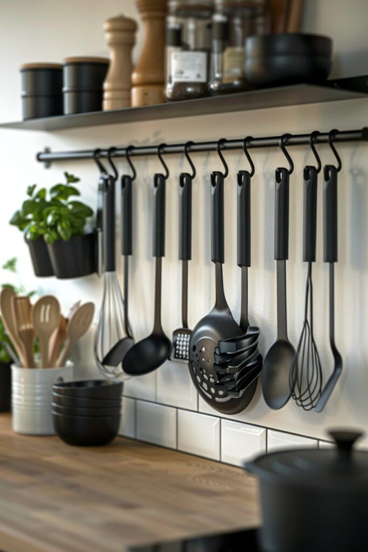 Modern black kitchen utensils hanging from a wall-mounted rail above a wooden counter, showcasing a minimalist and space-saving solution for everyday cooking essentials. 