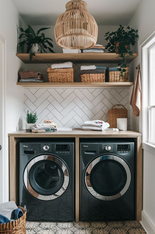 Classic white laundry room with patterned tile flooring, Samsung washer and dryer, woven storage baskets, and upper cabinets for functional organization.