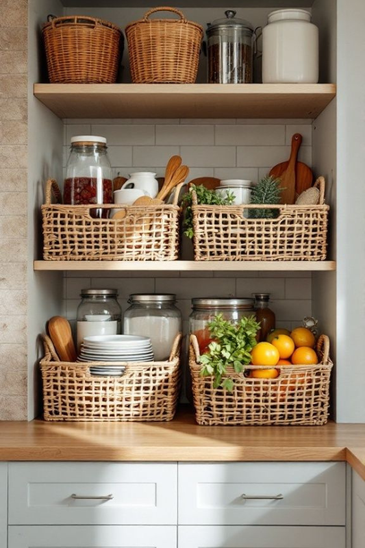 Natural wicker baskets used for organizing fruits, herbs, and kitchen essentials on open wooden shelves, creating a warm and rustic farmhouse kitchen storage solution. 