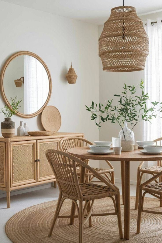 Neutral dining room with a round rattan table, woven chairs, large pendant light, circular jute rug, and natural wood sideboard styled with ceramic vases and greenery 