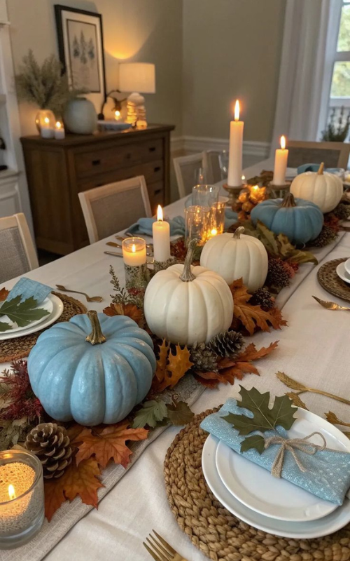 Blue and white pumpkins with woven chargers, candles, and fall leaves in a cozy dining room.