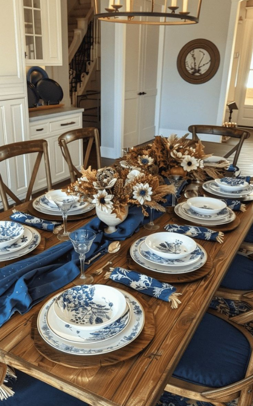 Chinoiserie-style fall table with blue and white dinnerware, navy runner, and dried floral centerpiece.