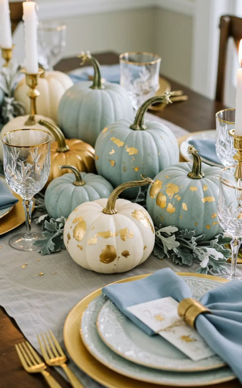 Blue and white pumpkins with gold leaf, blue napkins, and gold-rimmed plates for a luxe fall table decor idea.