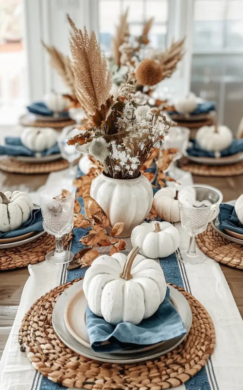 Minimalist fall table with blue napkins, white pumpkins, and woven chargers for a cozy fall tablescape.